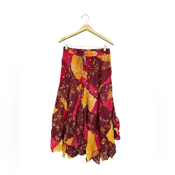 Vintage 90s Boho Red Yellow Patchwork Rayon Midi Maxi Skirt Hippie Festival - Picture 2 of 5